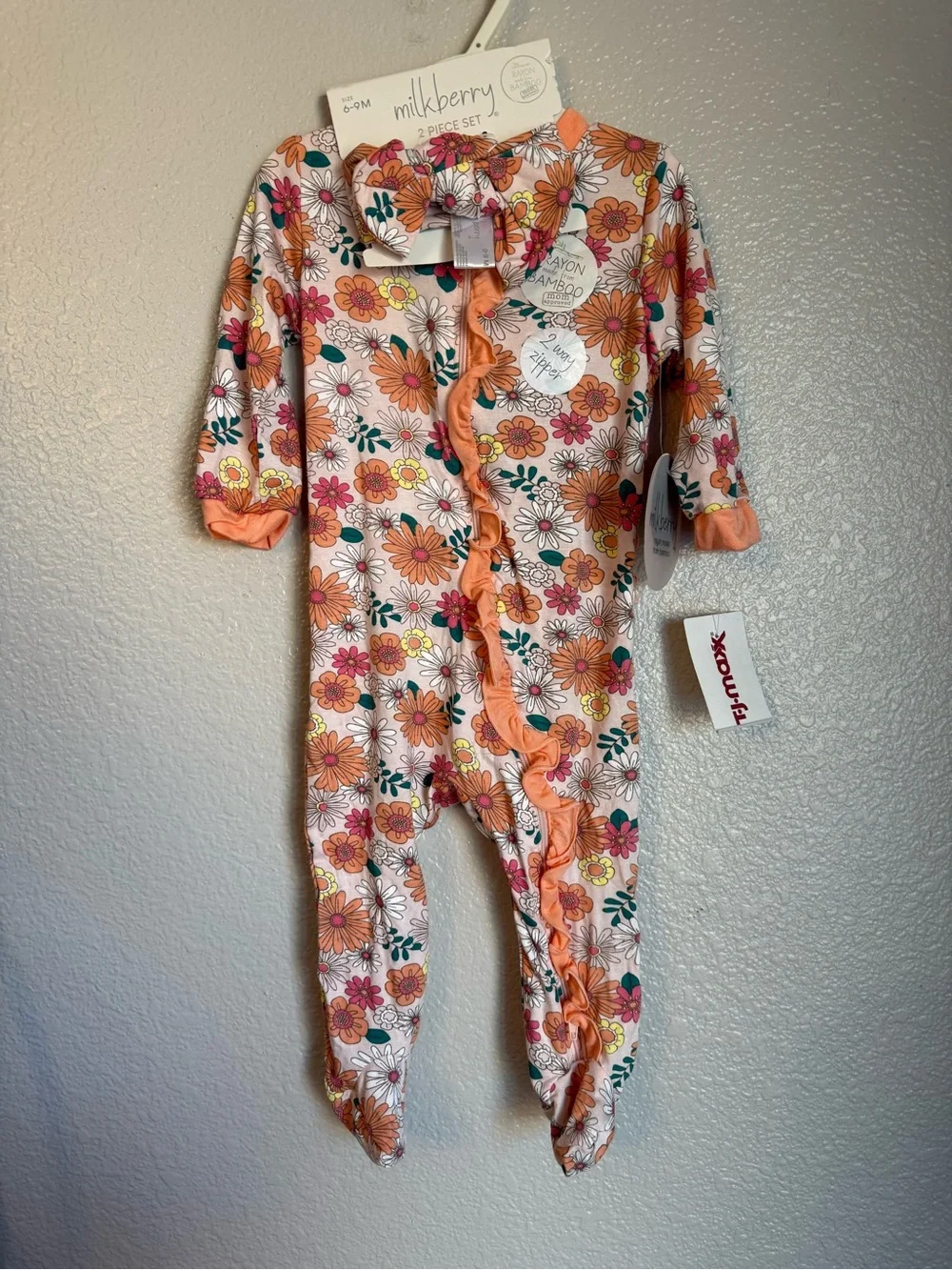 Milkberry Peach Floral Ruffle Footed One-Piece for Kids